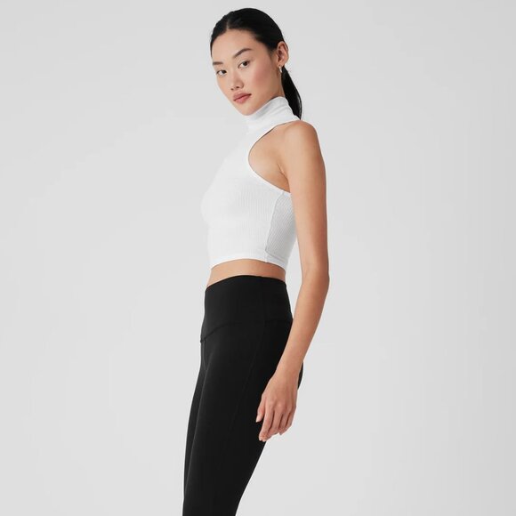 alo White Ribbed Sea Coast Cropped Turtleneck Tank size Small - Picture 3 of 12